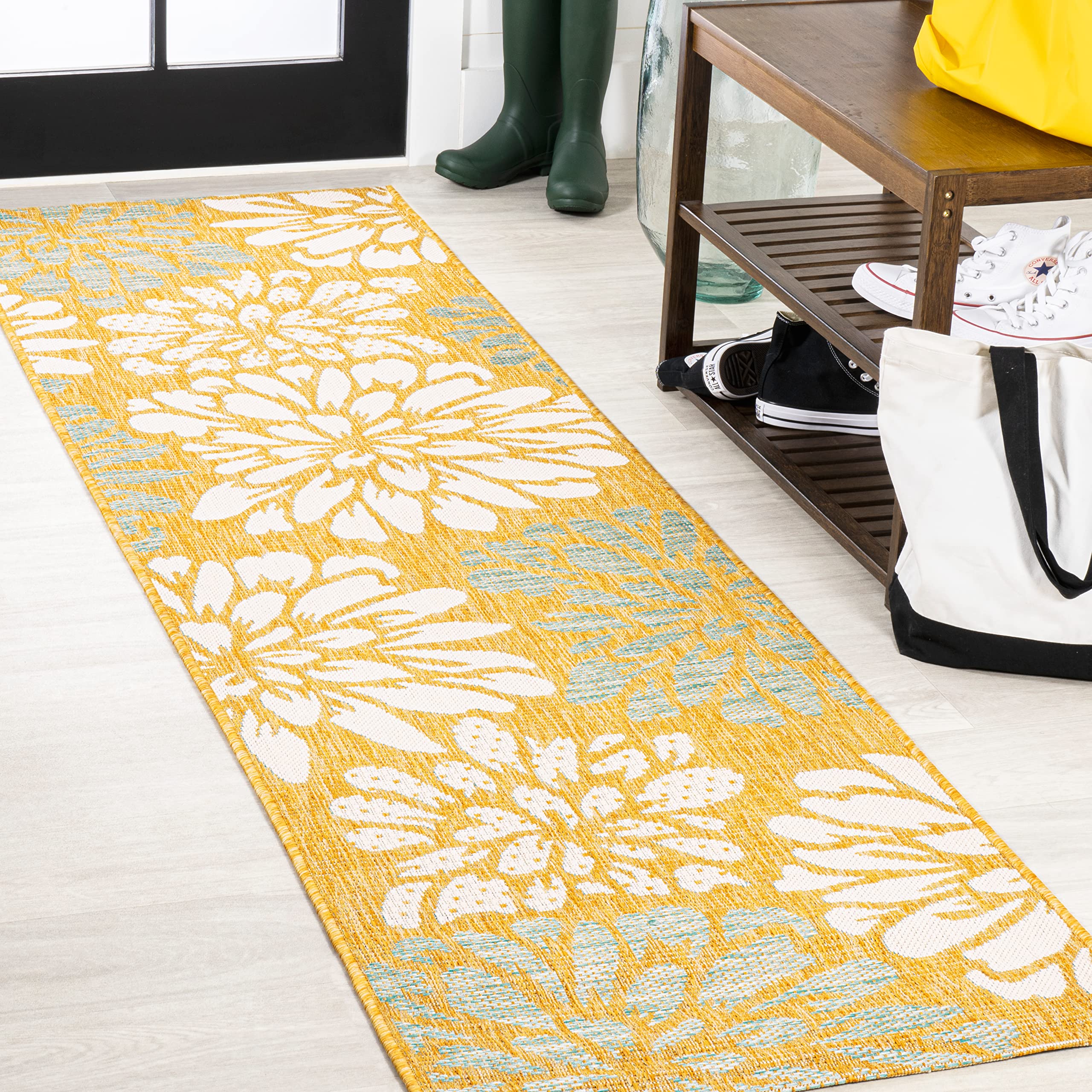 JONATHAN Y Floral Textured Weave Indoor Outdoor Area Rug 4X6 Navy/Aqua, Zinnia Modern for Backyard, Patio, Porch, Easy-Cleaning, High Traffic, Pet-Friendly, Non-Shedding (SMB110C-4)