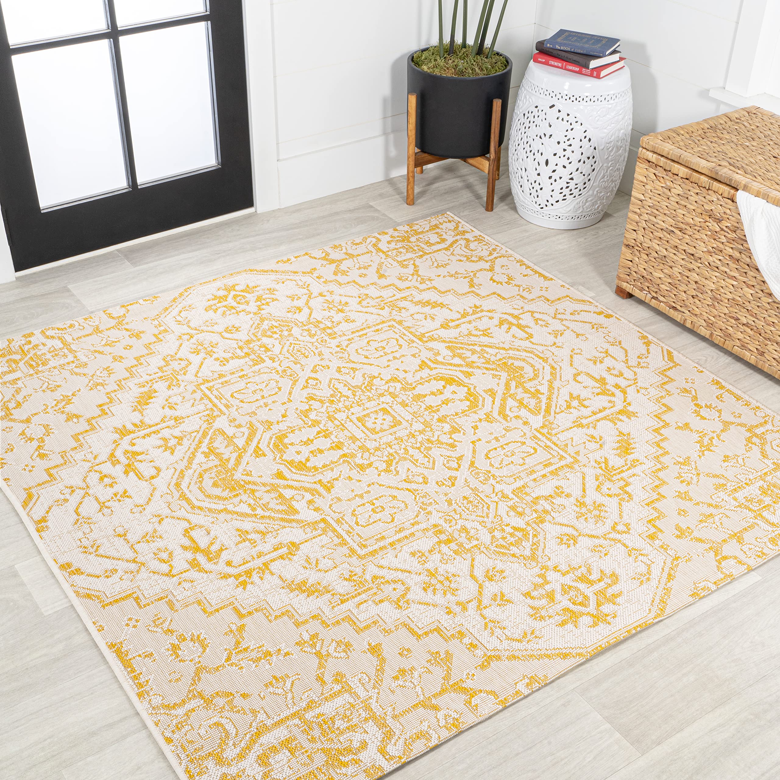 JONATHAN Y Boho Medallion Indoor Outdoor Area Rug 4X6 Navy/Gray, Estrella Textured Weave for Backyard, Patio, Porch, Easy-Cleaning, High Traffic, Pet-Friendly, Non-Shedding (SMB105B-4)