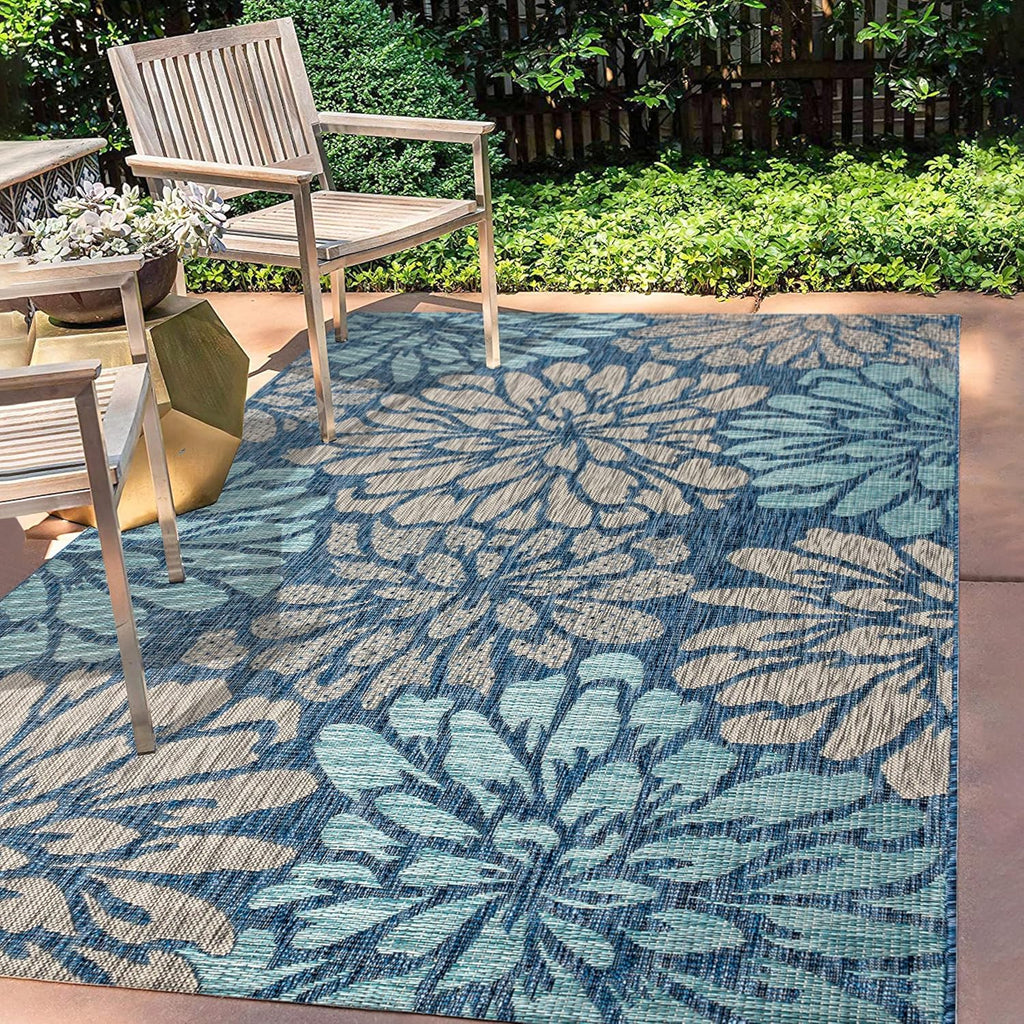 JONATHAN Y Floral Textured Weave Indoor Outdoor Area Rug 4X6 Navy/Aqua, Zinnia Modern for Backyard, Patio, Porch, Easy-Cleaning, High Traffic, Pet-Friendly, Non-Shedding (SMB110C-4)