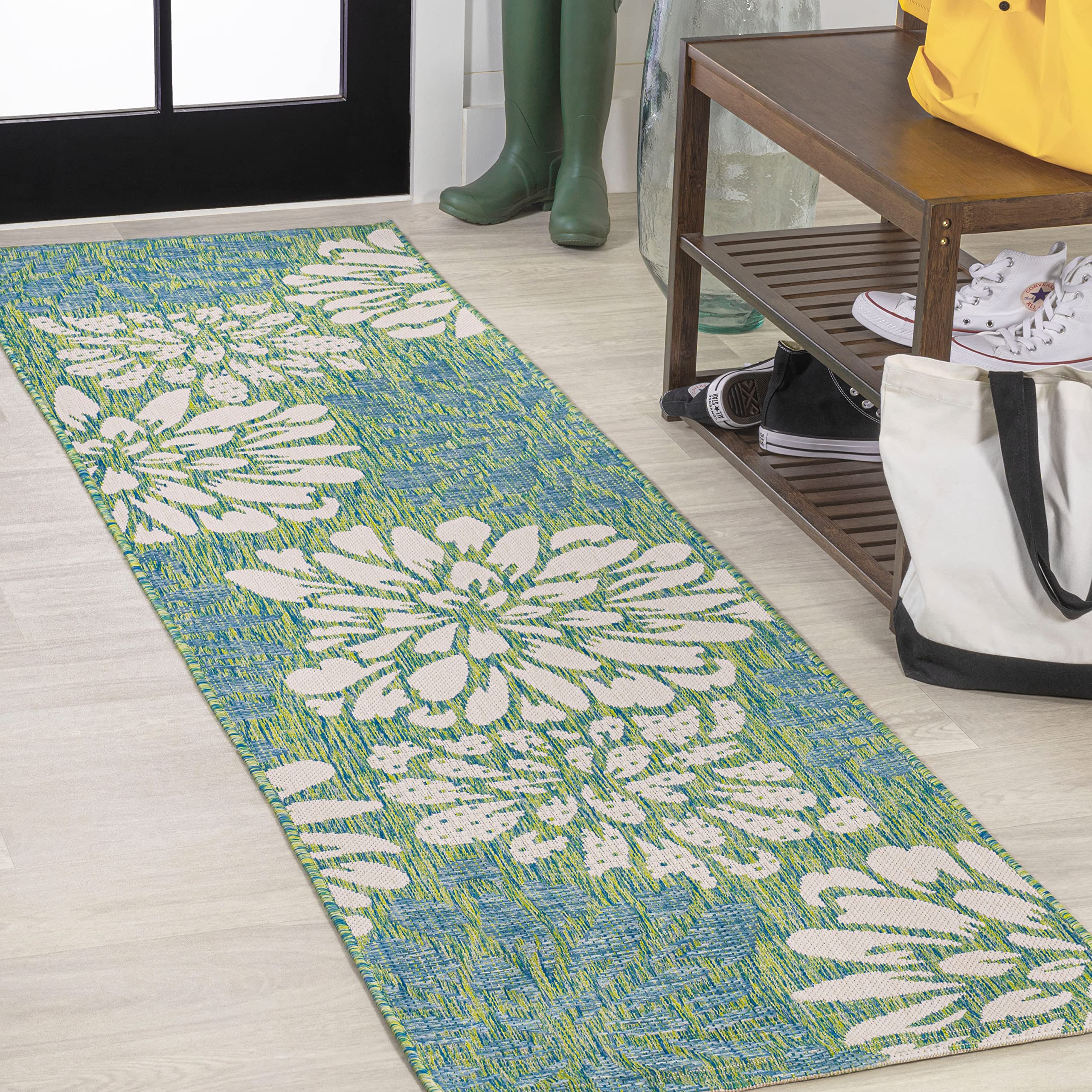 JONATHAN Y Floral Textured Weave Indoor Outdoor Area Rug 4X6 Navy/Aqua, Zinnia Modern for Backyard, Patio, Porch, Easy-Cleaning, High Traffic, Pet-Friendly, Non-Shedding (SMB110C-4)