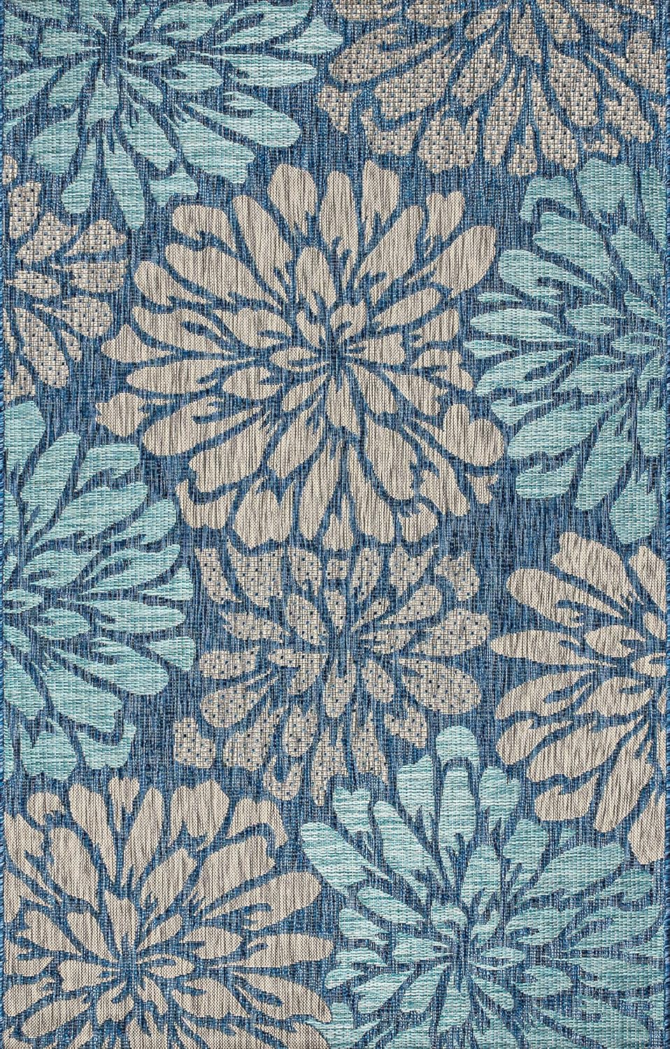 JONATHAN Y Floral Textured Weave Indoor Outdoor Area Rug 4X6 Navy/Aqua, Zinnia Modern for Backyard, Patio, Porch, Easy-Cleaning, High Traffic, Pet-Friendly, Non-Shedding (SMB110C-4)