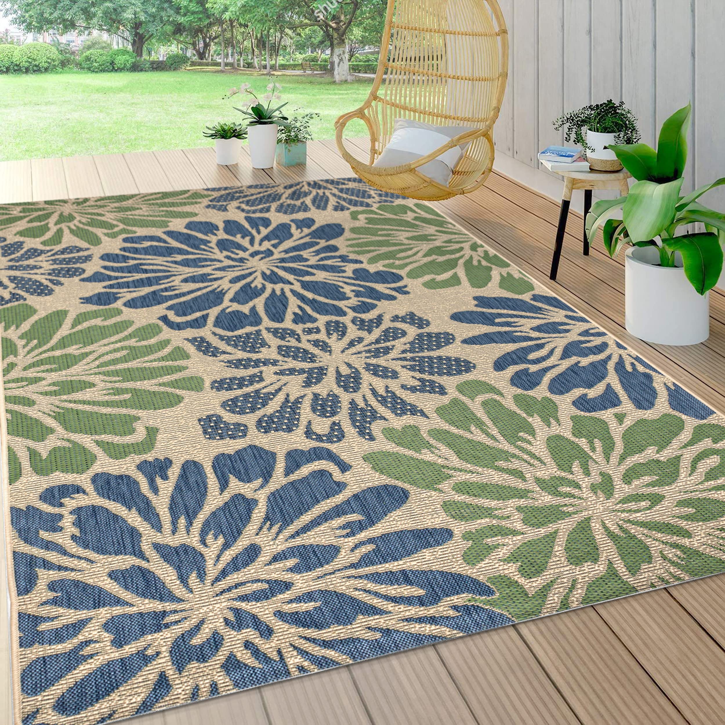 JONATHAN Y Floral Textured Weave Indoor Outdoor Area Rug 4X6 Navy/Aqua, Zinnia Modern for Backyard, Patio, Porch, Easy-Cleaning, High Traffic, Pet-Friendly, Non-Shedding (SMB110C-4)