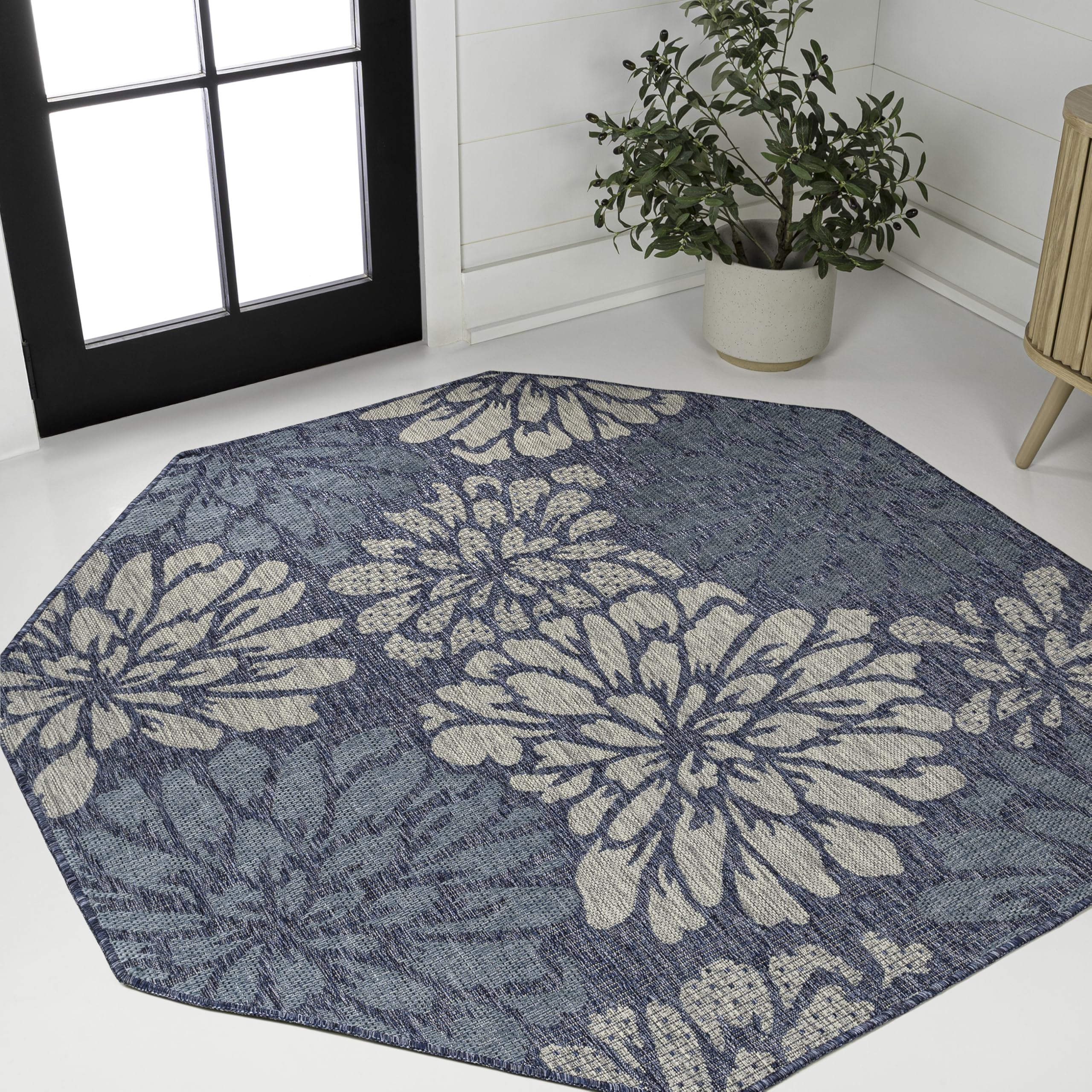 JONATHAN Y Floral Textured Weave Indoor Outdoor Area Rug 4X6 Navy/Aqua, Zinnia Modern for Backyard, Patio, Porch, Easy-Cleaning, High Traffic, Pet-Friendly, Non-Shedding (SMB110C-4)