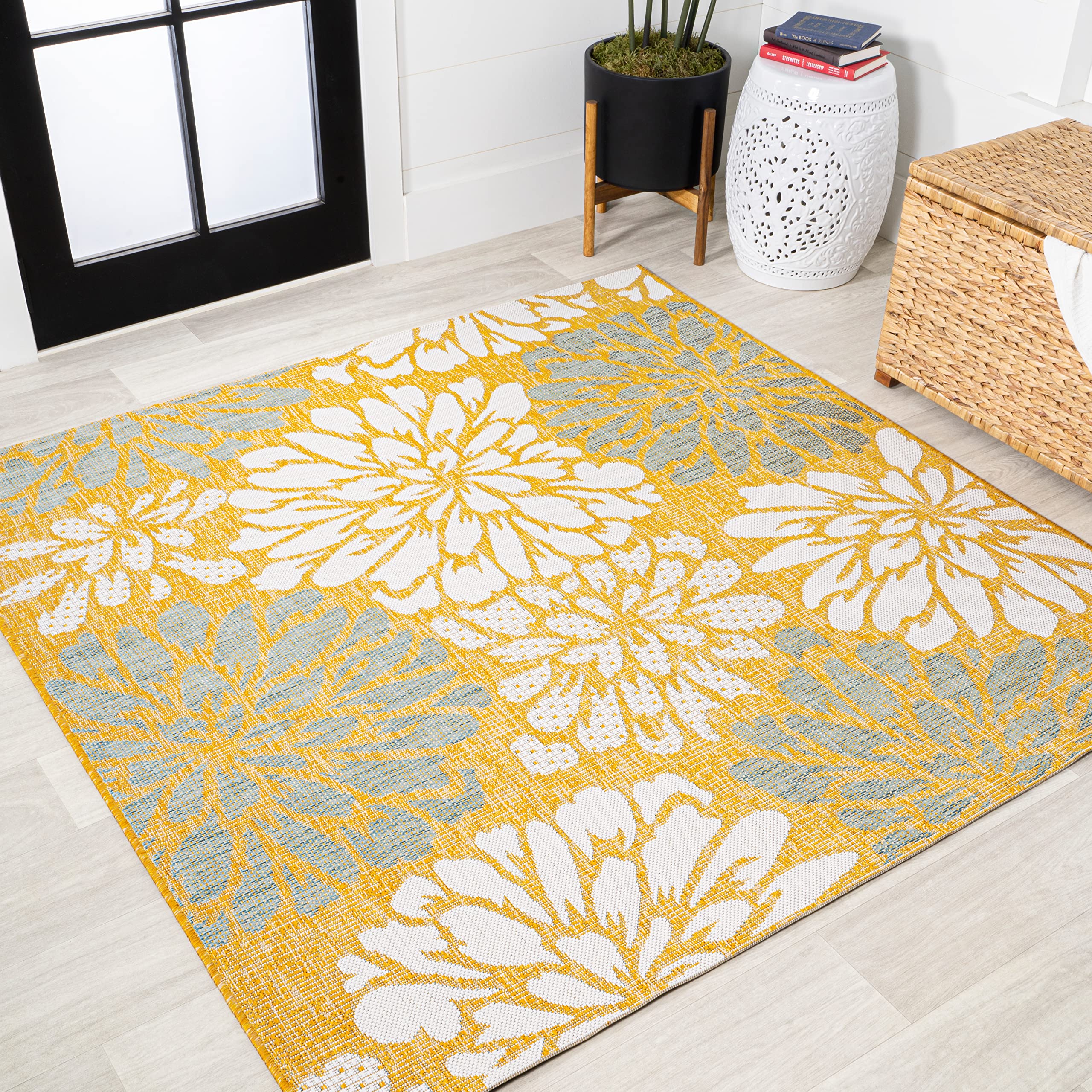 JONATHAN Y Floral Textured Weave Indoor Outdoor Area Rug 4X6 Navy/Aqua, Zinnia Modern for Backyard, Patio, Porch, Easy-Cleaning, High Traffic, Pet-Friendly, Non-Shedding (SMB110C-4)