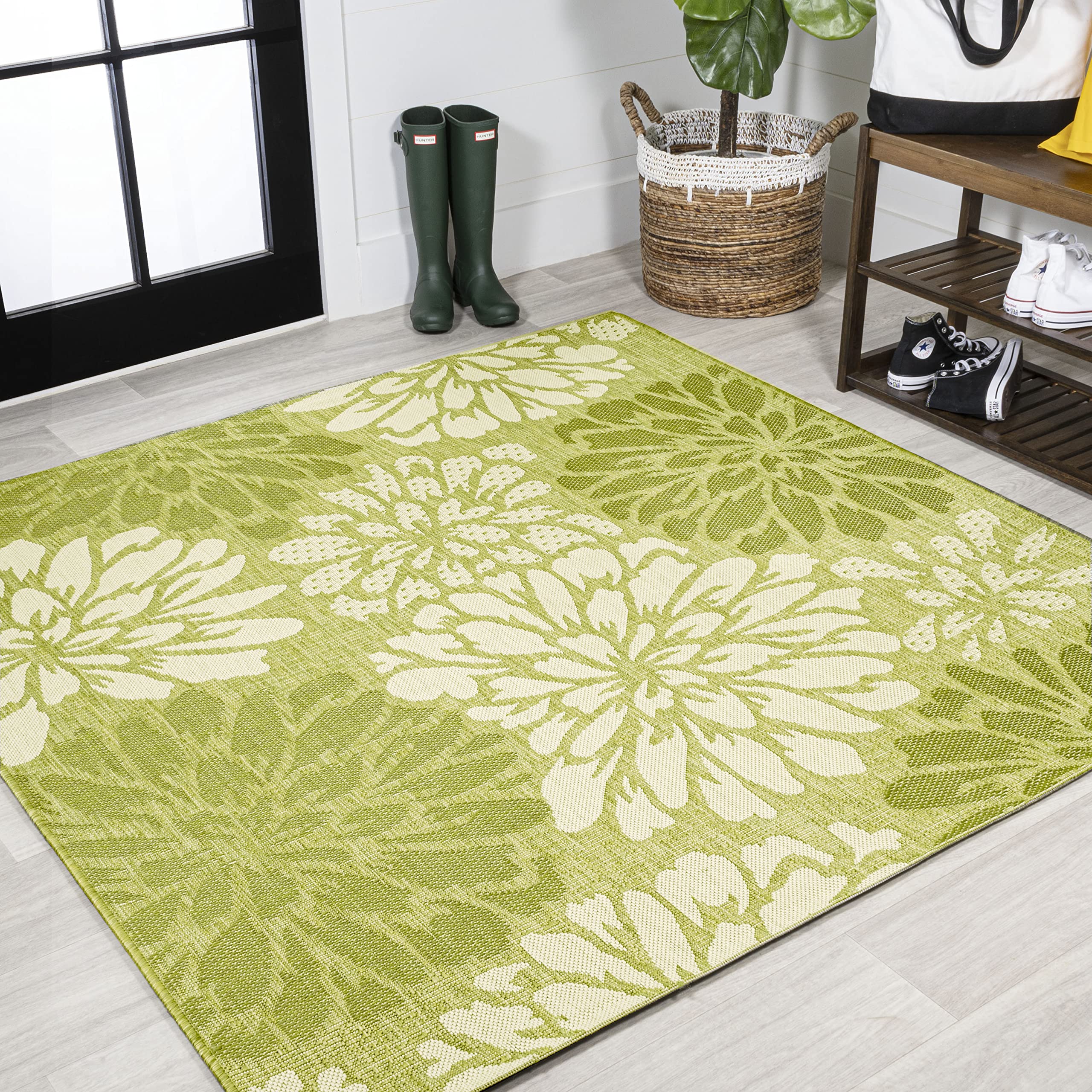 JONATHAN Y Floral Textured Weave Indoor Outdoor Area Rug 4X6 Navy/Aqua, Zinnia Modern for Backyard, Patio, Porch, Easy-Cleaning, High Traffic, Pet-Friendly, Non-Shedding (SMB110C-4)