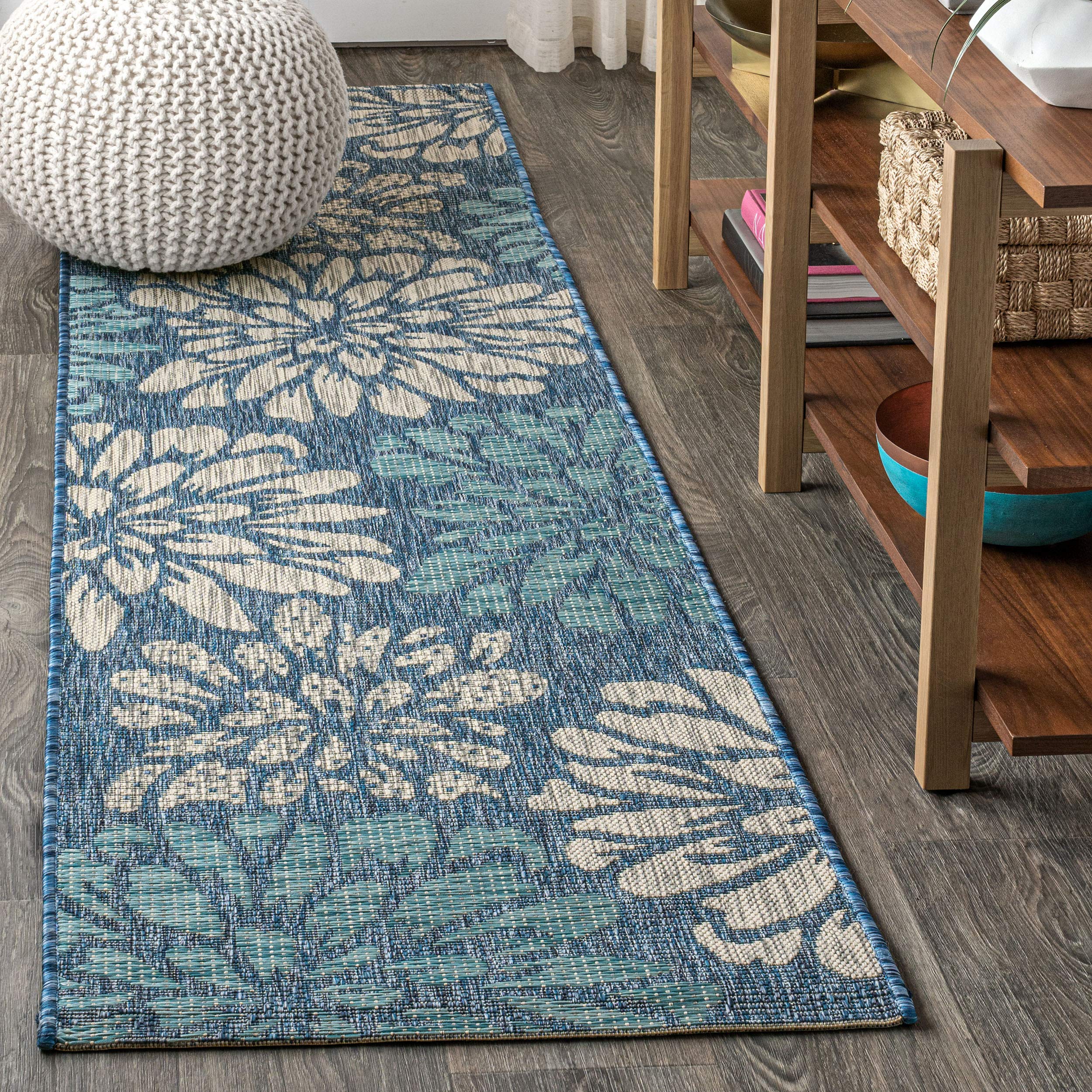 JONATHAN Y Floral Textured Weave Indoor Outdoor Area Rug 4X6 Navy/Aqua, Zinnia Modern for Backyard, Patio, Porch, Easy-Cleaning, High Traffic, Pet-Friendly, Non-Shedding (SMB110C-4)