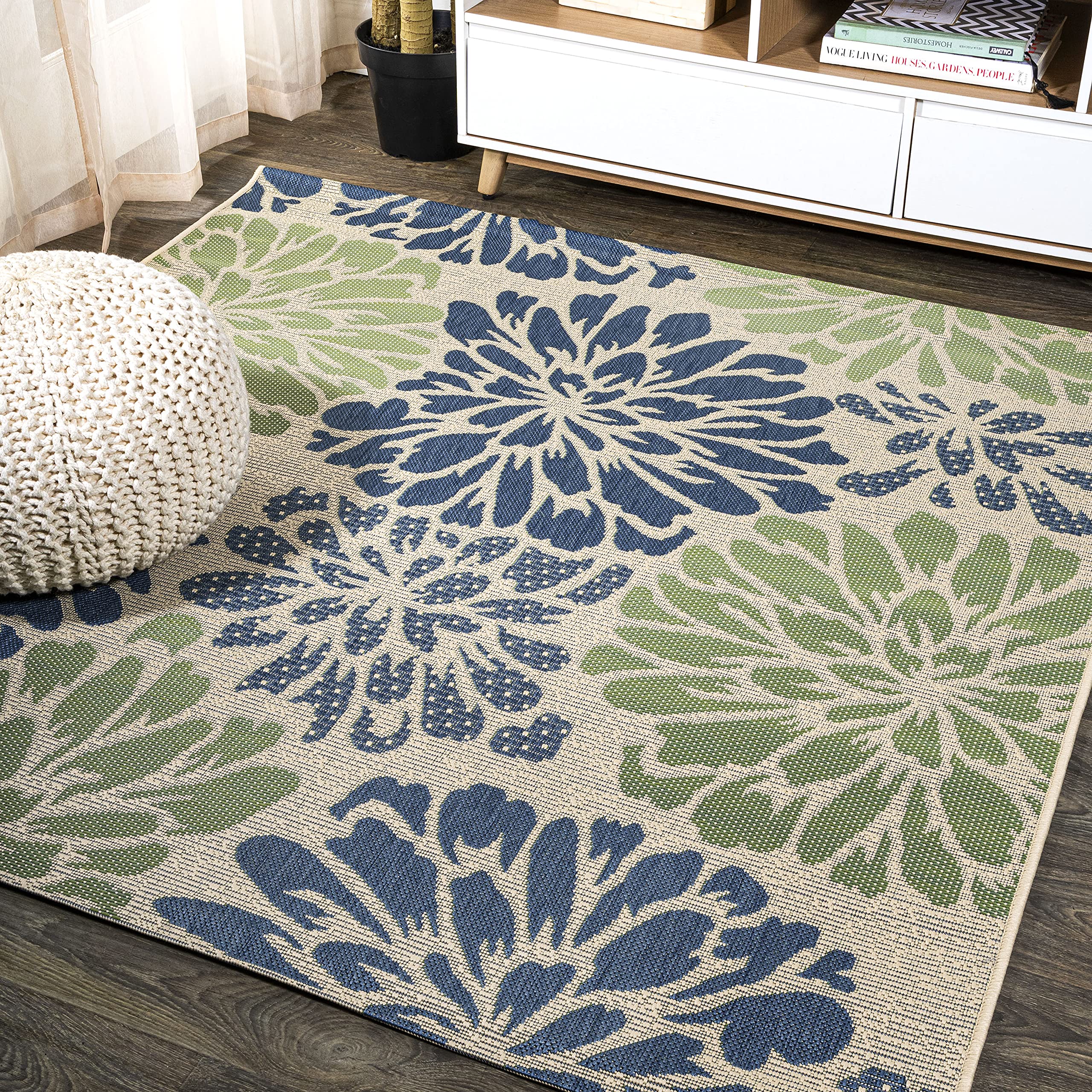 JONATHAN Y Floral Textured Weave Indoor Outdoor Area Rug 4X6 Navy/Aqua, Zinnia Modern for Backyard, Patio, Porch, Easy-Cleaning, High Traffic, Pet-Friendly, Non-Shedding (SMB110C-4)