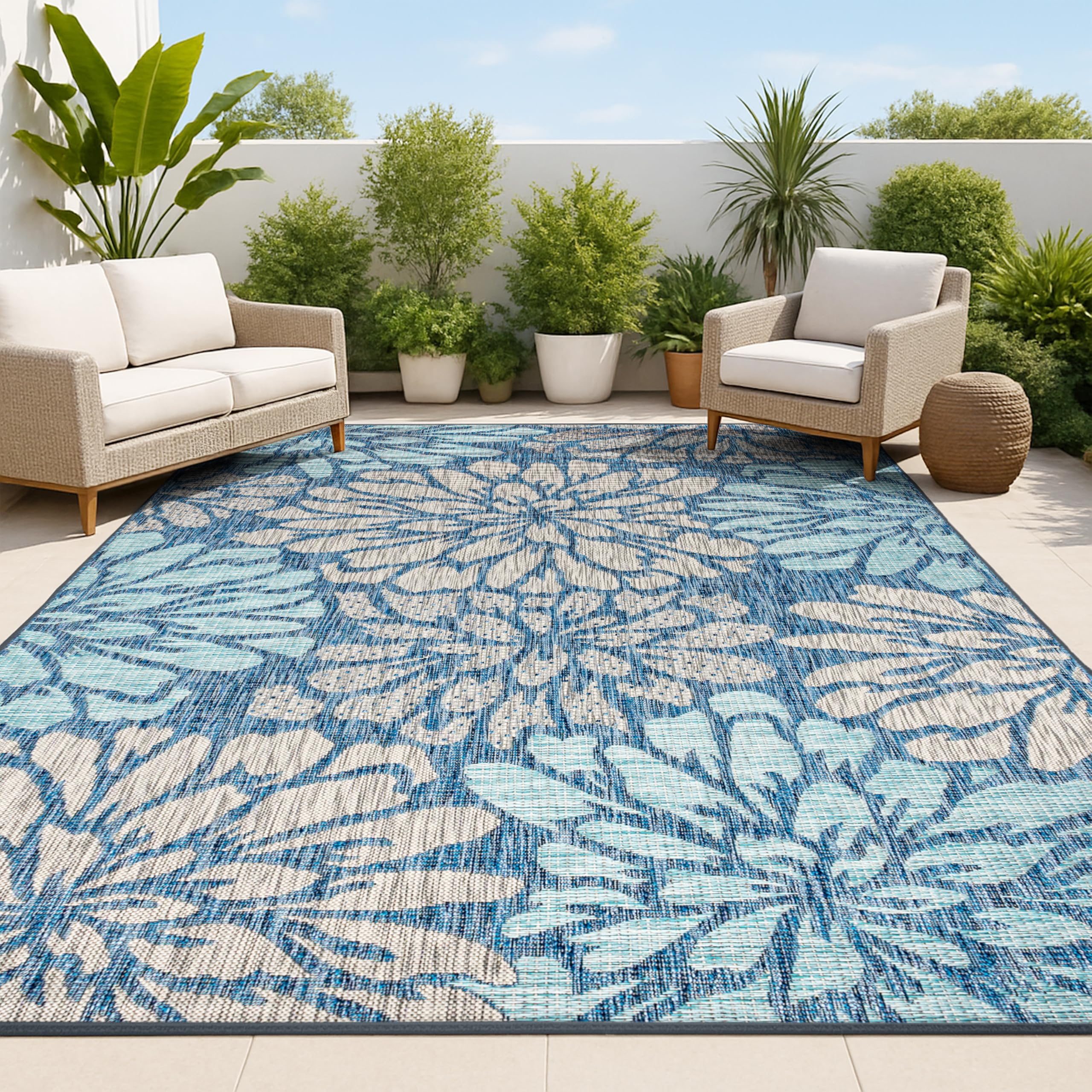 JONATHAN Y Floral Textured Weave Indoor Outdoor Area Rug 4X6 Navy/Aqua, Zinnia Modern for Backyard, Patio, Porch, Easy-Cleaning, High Traffic, Pet-Friendly, Non-Shedding (SMB110C-4)