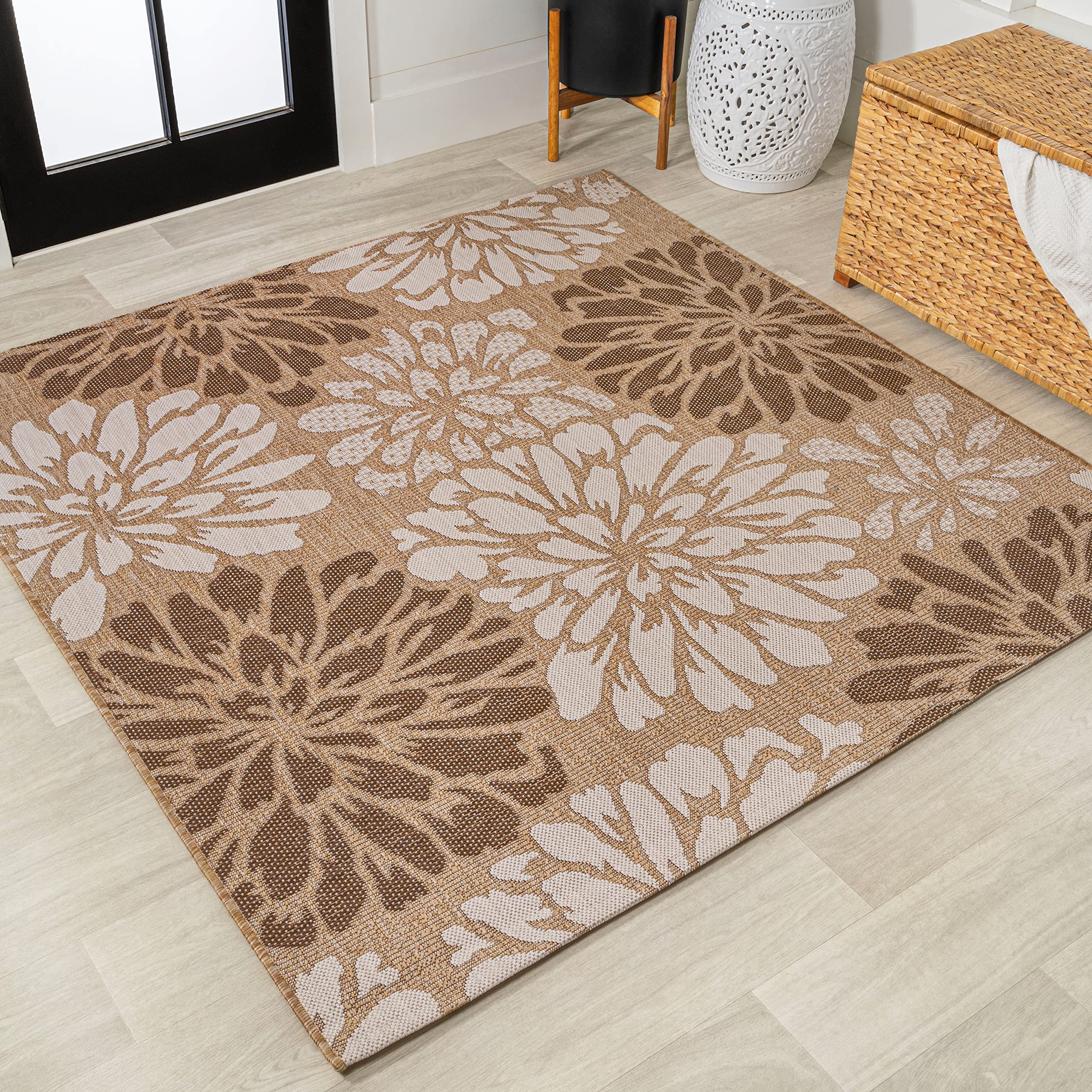 JONATHAN Y Floral Textured Weave Indoor Outdoor Area Rug 4X6 Navy/Aqua, Zinnia Modern for Backyard, Patio, Porch, Easy-Cleaning, High Traffic, Pet-Friendly, Non-Shedding (SMB110C-4)