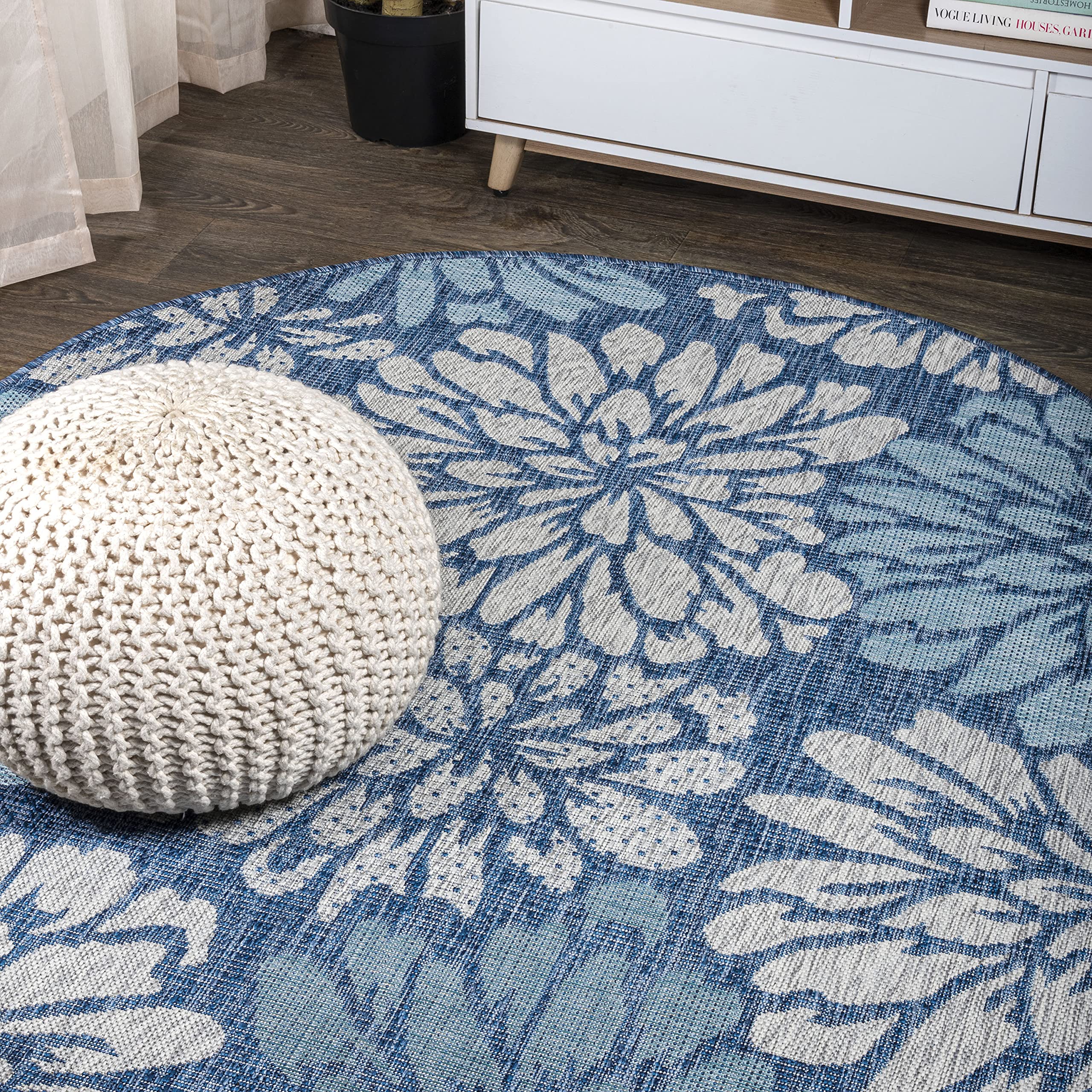 JONATHAN Y Floral Textured Weave Indoor Outdoor Area Rug 4X6 Navy/Aqua, Zinnia Modern for Backyard, Patio, Porch, Easy-Cleaning, High Traffic, Pet-Friendly, Non-Shedding (SMB110C-4)