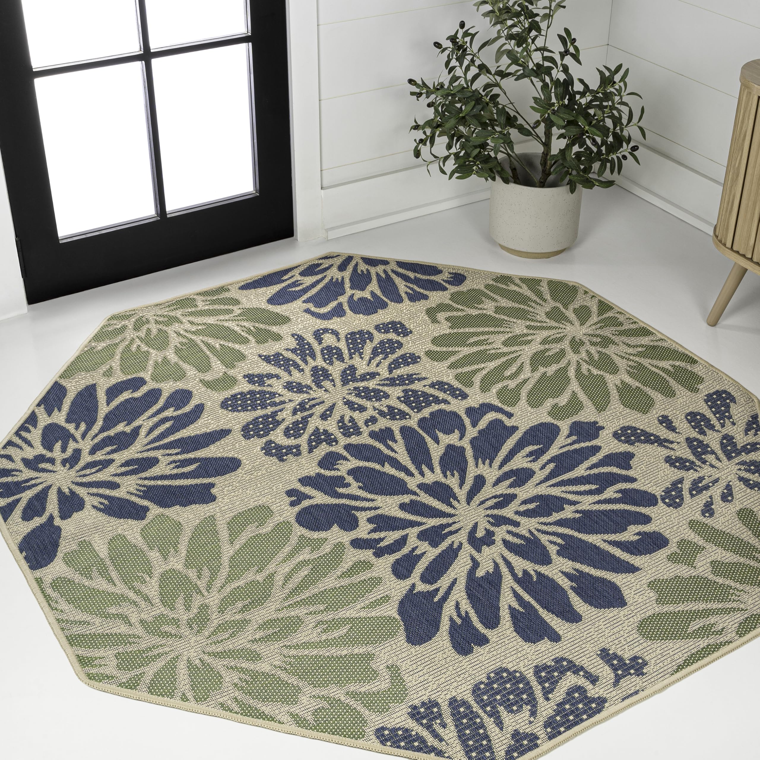 JONATHAN Y Floral Textured Weave Indoor Outdoor Area Rug 4X6 Navy/Aqua, Zinnia Modern for Backyard, Patio, Porch, Easy-Cleaning, High Traffic, Pet-Friendly, Non-Shedding (SMB110C-4)