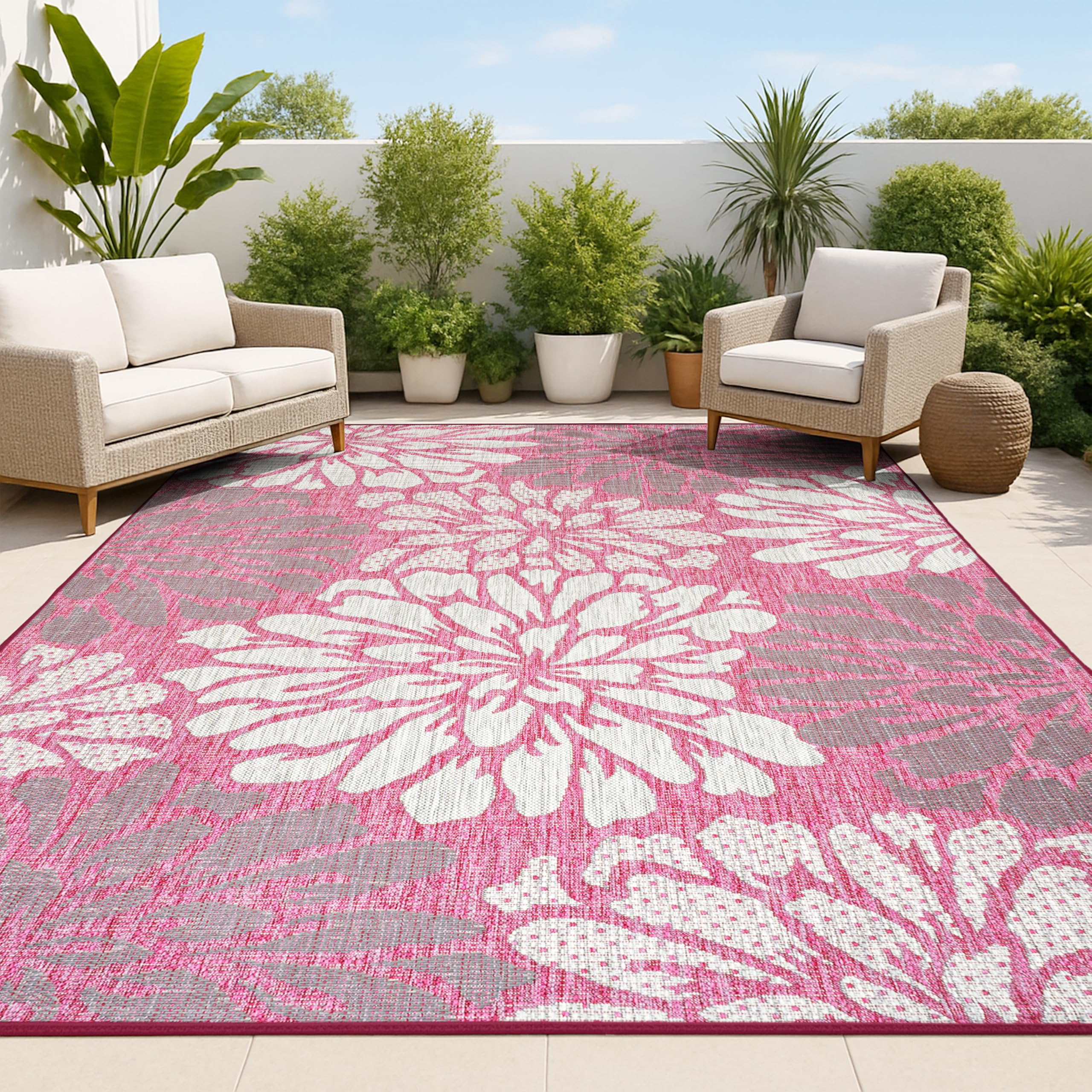 JONATHAN Y Floral Textured Weave Indoor Outdoor Area Rug 4X6 Navy/Aqua, Zinnia Modern for Backyard, Patio, Porch, Easy-Cleaning, High Traffic, Pet-Friendly, Non-Shedding (SMB110C-4)