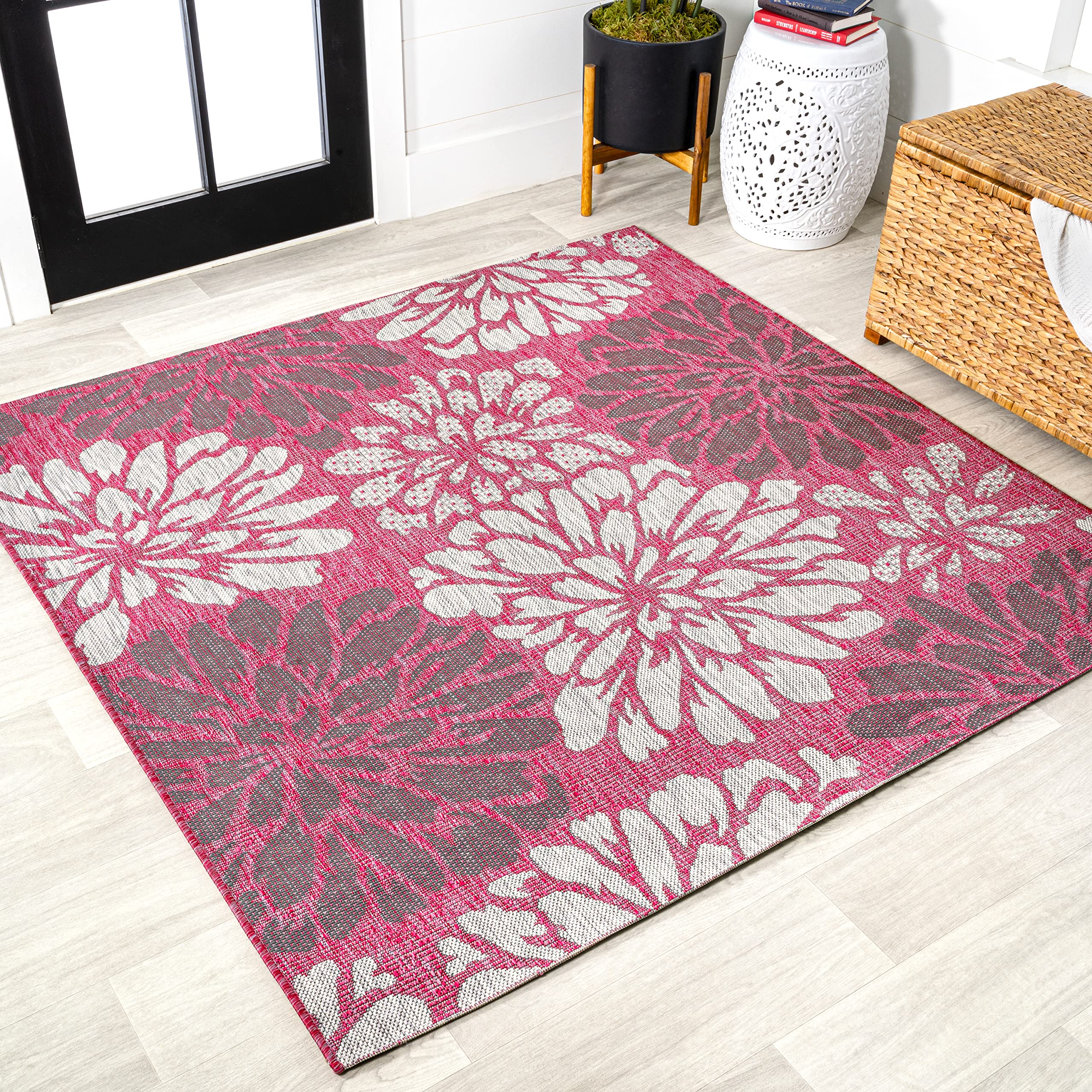JONATHAN Y Floral Textured Weave Indoor Outdoor Area Rug 4X6 Navy/Aqua, Zinnia Modern for Backyard, Patio, Porch, Easy-Cleaning, High Traffic, Pet-Friendly, Non-Shedding (SMB110C-4)