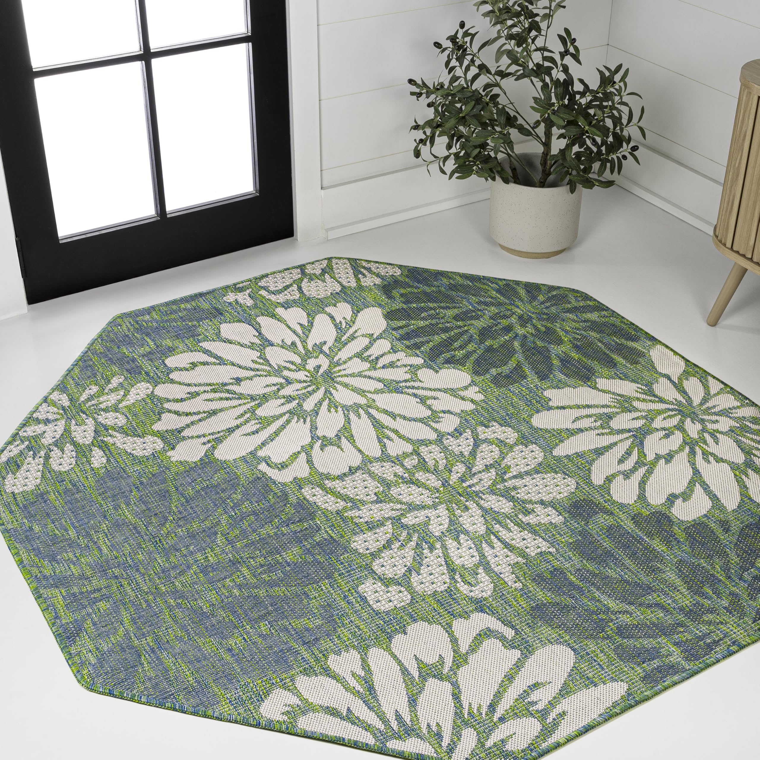 JONATHAN Y Floral Textured Weave Indoor Outdoor Area Rug 4X6 Navy/Aqua, Zinnia Modern for Backyard, Patio, Porch, Easy-Cleaning, High Traffic, Pet-Friendly, Non-Shedding (SMB110C-4)