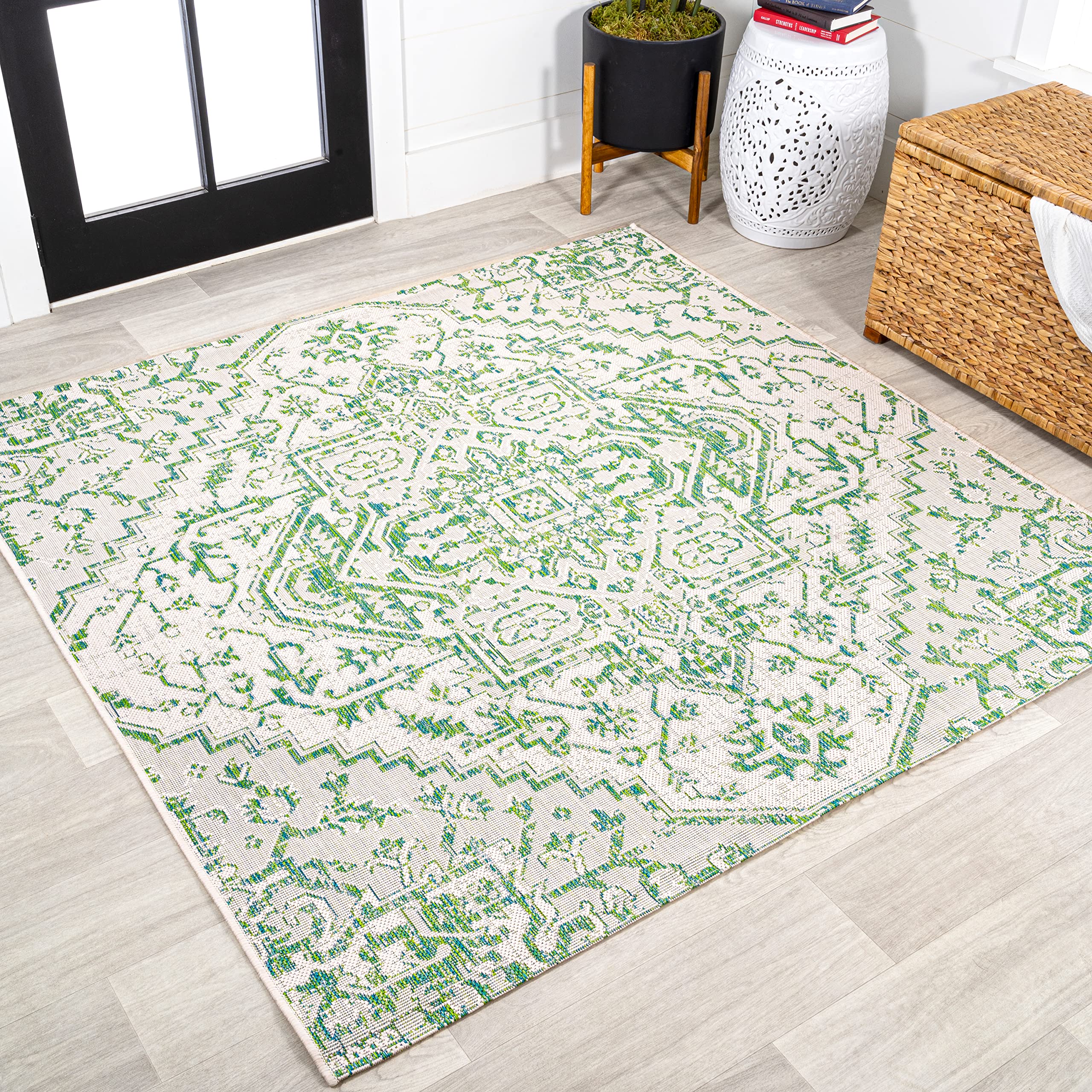 JONATHAN Y Boho Medallion Indoor Outdoor Area Rug 4X6 Navy/Gray, Estrella Textured Weave for Backyard, Patio, Porch, Easy-Cleaning, High Traffic, Pet-Friendly, Non-Shedding (SMB105B-4)