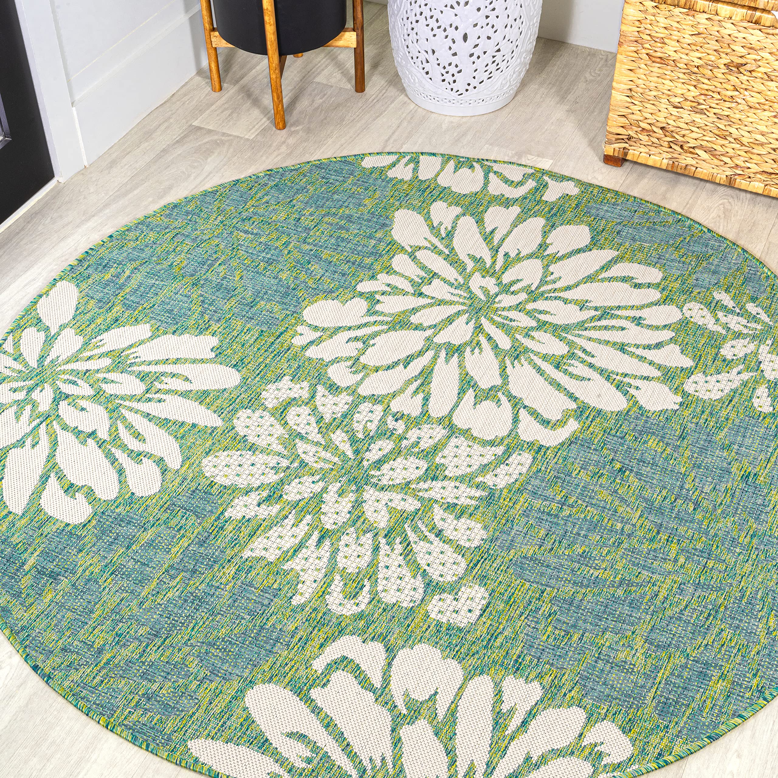 JONATHAN Y Floral Textured Weave Indoor Outdoor Area Rug 4X6 Navy/Aqua, Zinnia Modern for Backyard, Patio, Porch, Easy-Cleaning, High Traffic, Pet-Friendly, Non-Shedding (SMB110C-4)