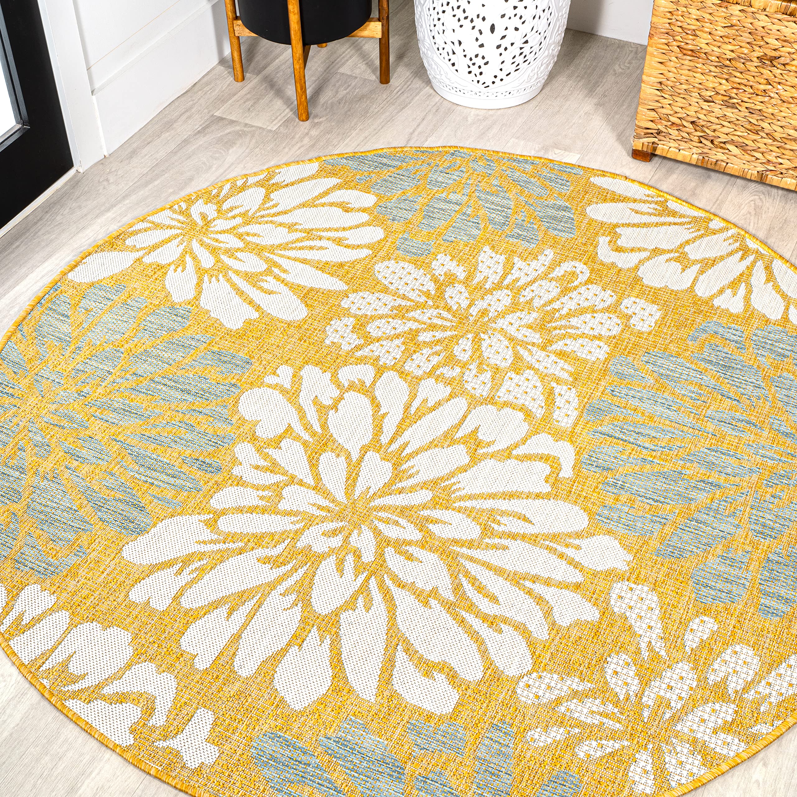 JONATHAN Y Floral Textured Weave Indoor Outdoor Area Rug 4X6 Navy/Aqua, Zinnia Modern for Backyard, Patio, Porch, Easy-Cleaning, High Traffic, Pet-Friendly, Non-Shedding (SMB110C-4)