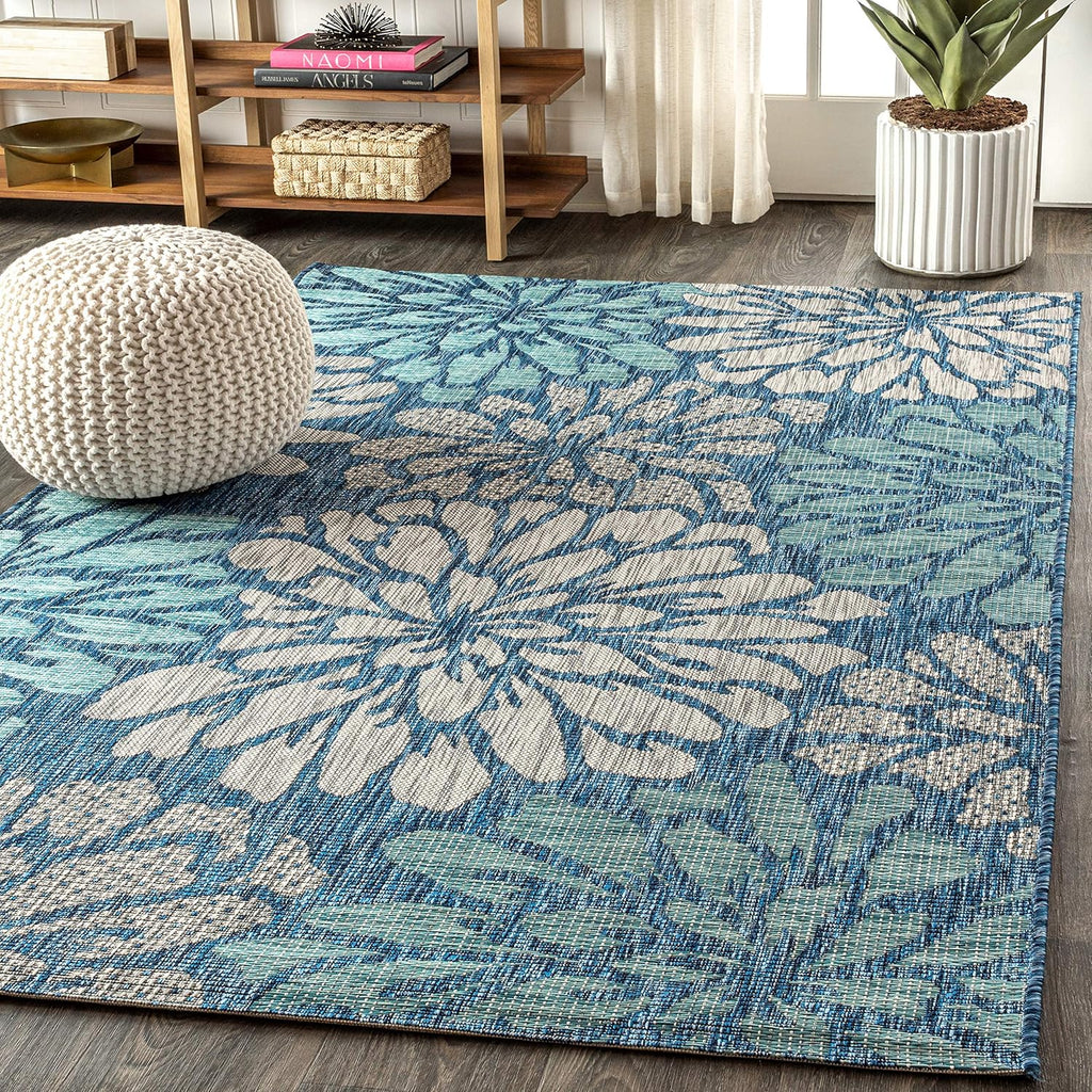 JONATHAN Y Floral Textured Weave Indoor Outdoor Area Rug 4X6 Navy/Aqua, Zinnia Modern for Backyard, Patio, Porch, Easy-Cleaning, High Traffic, Pet-Friendly, Non-Shedding (SMB110C-4)